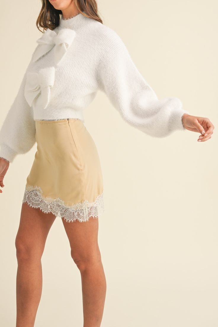 The Honey Lace Mini Skirt features: Satin-like material Scalloped lace trim High Waisted Color: Light mustard with white trim Mini Length Bow Applique, Lace Mini Skirt, Love Sweater, How To Love, Fuzzy Sweater, Scalloped Lace, Swim Accessories, White Trim, Women Set