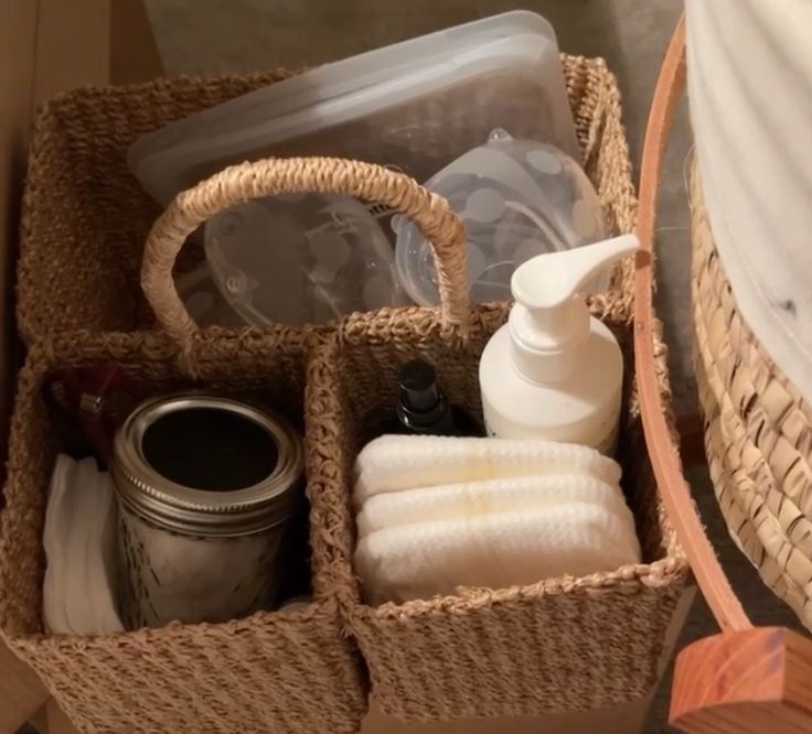 a basket filled with personal care items on top of a table