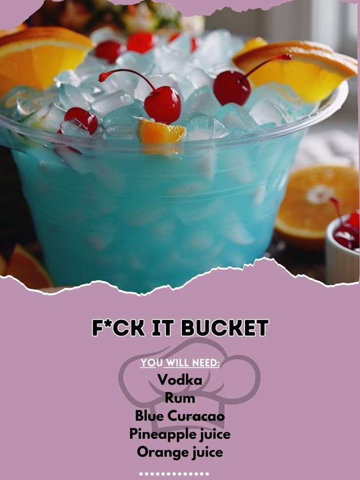 an advertisement for a blue curacca punch with orange slices and cherries in it