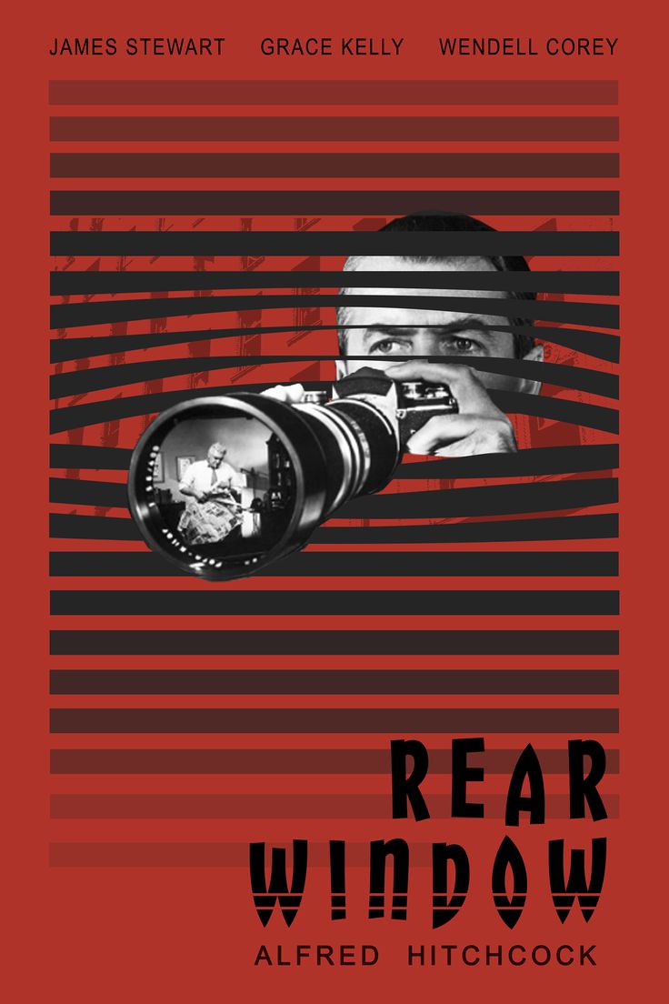 a movie poster with a man holding a camera in front of his face and the words rear window