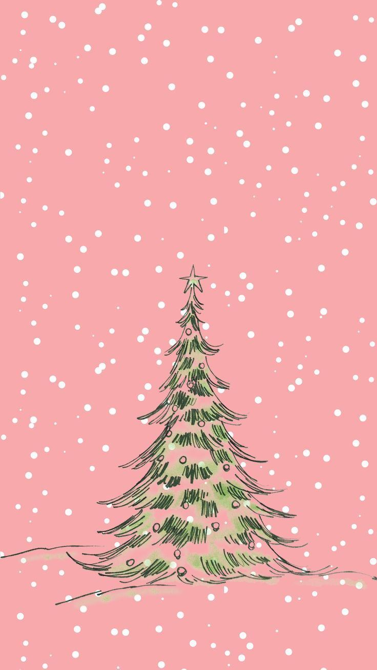 a drawing of a christmas tree on a pink background with snow falling all around it