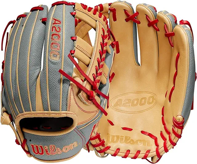 a baseball glove with red laces on it