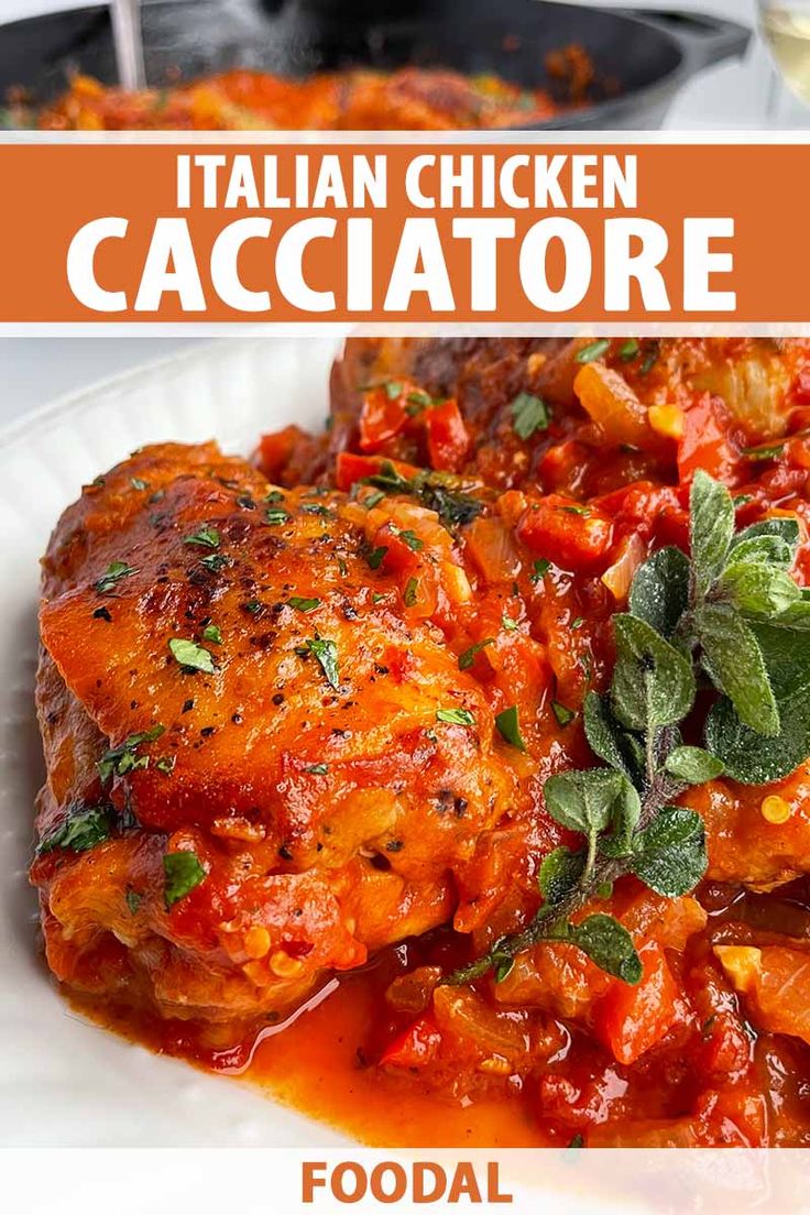 chicken cacciatore with tomato sauce and fresh herbs on top in a white plate