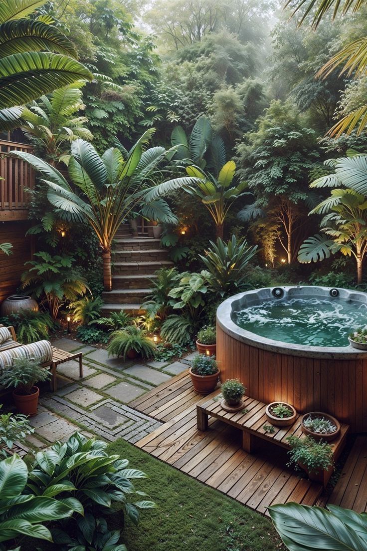 an outdoor hot tub surrounded by trees and plants