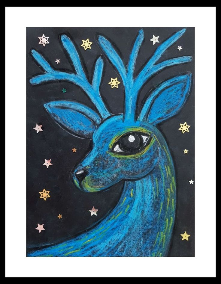 a drawing of a blue deer with stars on it's head and the eyes are drawn