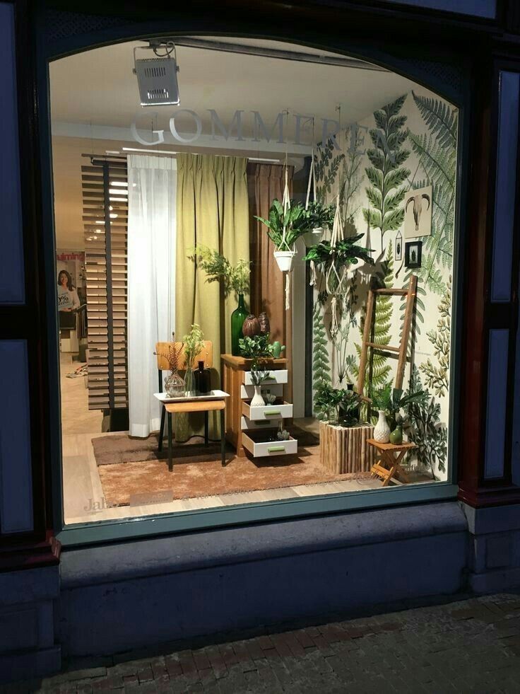 a store window with plants and furniture in the display area at night, lit by street lamps