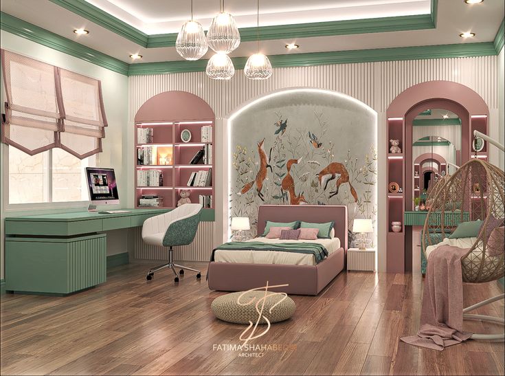 a bedroom with pink and green walls, wood flooring and furniture