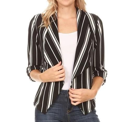 Casual, stripe print, waist length, blazer jacket in a fitted style with a draped open front, and ruched 3/4 length sleeves. Stripe Blazer, Office Casual Outfit, Fitted Style, Striped Jacket, Casual Stripes, Fitted Blazer, Striped Blazer, Office Casual, High Waisted Trousers