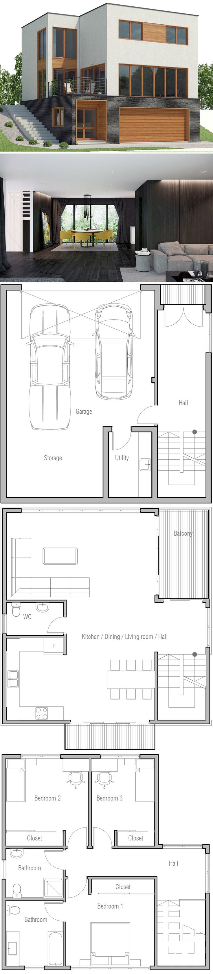 the floor plan for an apartment building with two floors and three car garages on each side