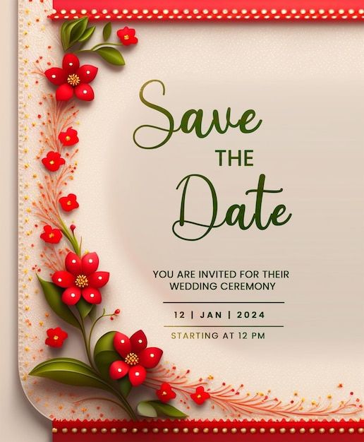 save the date card with red flowers and green leaves