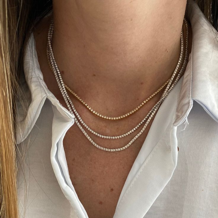 Thin Diamond Tennis Necklace MATERIALS Available in 14k Yellow Gold, 14k White Gold, and 14k Rose Gold. DETAILS Carat: 3.50 - 4.20 cts (Depending on the necklace length)Color: G H Clarity: S I *If required, please allow 4-7 weeks for delivery. Rush options may be available please contact hello@alevjewelry.com Diamond Tennis Necklace, Jewelry Watch, Virtual Fashion, Tennis Necklace, Rose Gold Necklace, G H, Gold Details, Necklace Length, Rush