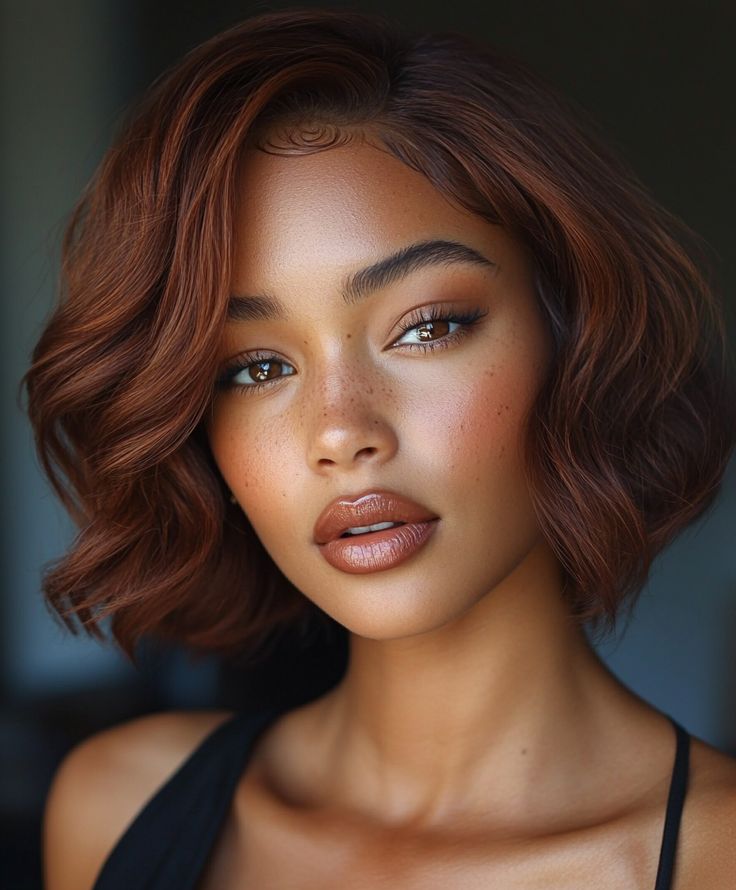 Is the Toffee Brown Layered Bob Right for You? Copper Hair On Light Skin Black Women, Hair Colors Black Women Natural, Copper Bob Black Women, Blonde Balayage Bob Short, Brown Layered Bob, Cinnamon Hair Color On Black Women, Copper Hair On Black Women, Fall Hair Colors For Black Women, Copper Bob Hair