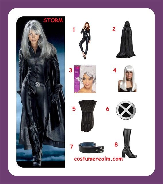 an image of a woman in black costume with white hair and accessories for halloween costumes