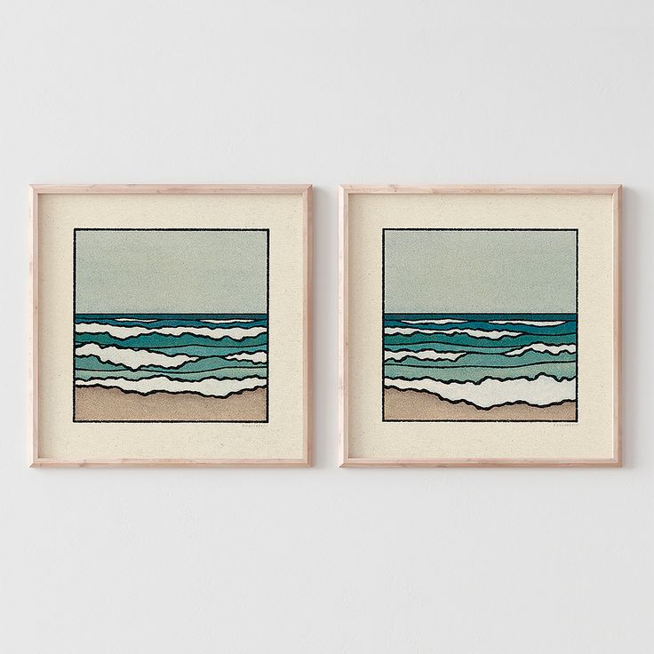 two framed art pieces depicting the ocean and sand