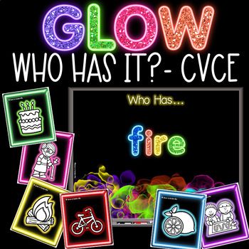 glow who has it? cvce poster with images of people in neon colors and the words fire