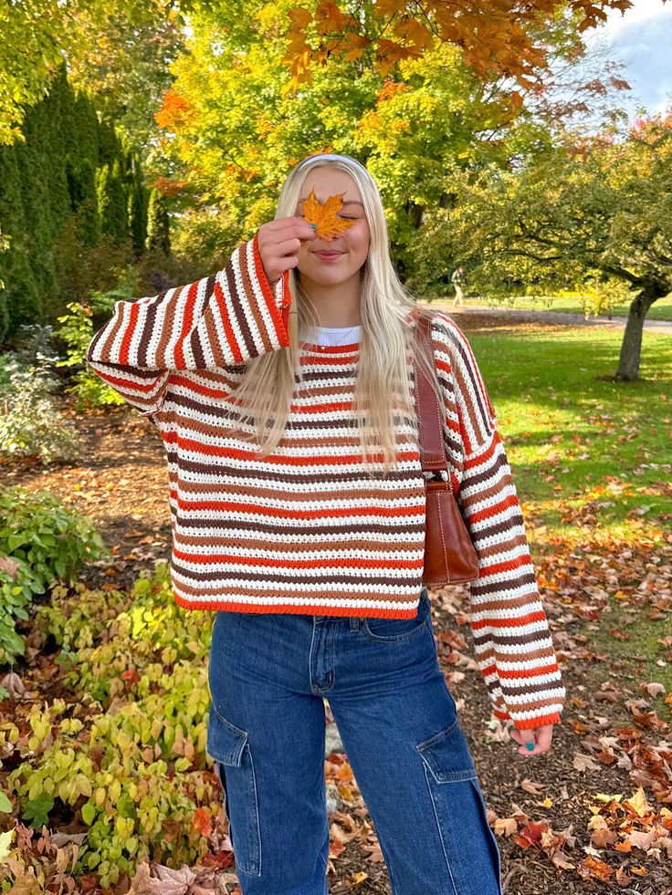 Striped Bell Sleeve Sweater Stripe Crochet Sweater, Striped Crochet Sweater, Crocheted Sweaters, Striped Sweater Outfit, Crochet Sweater Design, Stripe Crochet, Sweater Boho, Crochet Sweaters, Boho Pink