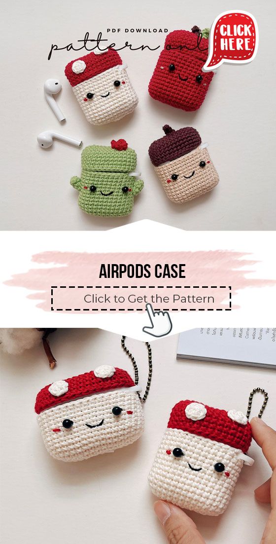 four crocheted apple cases with faces on them and the text, apples case click to get this pattern