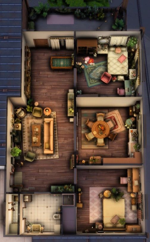 an overhead view of a house with furniture