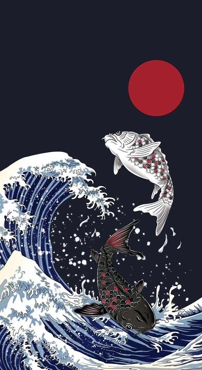 two fish are swimming in the ocean with waves and red sun behind them on a black background