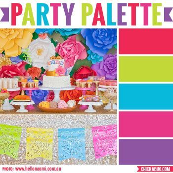 an image of a party table with cake and desserts on the table in different colors