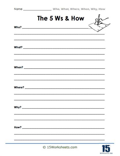 the 5 w's and how worksheet for students to practice their writing skills