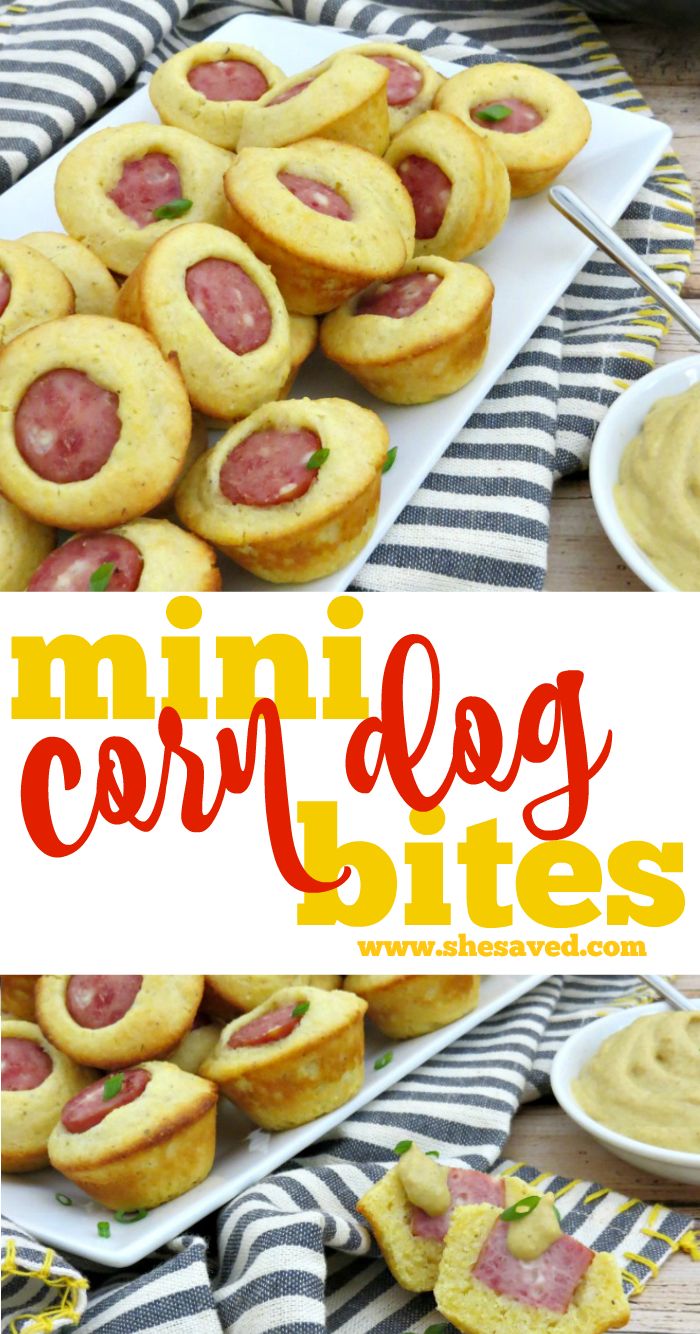 mini corn dog bites on a white plate with black and white striped napkin next to it