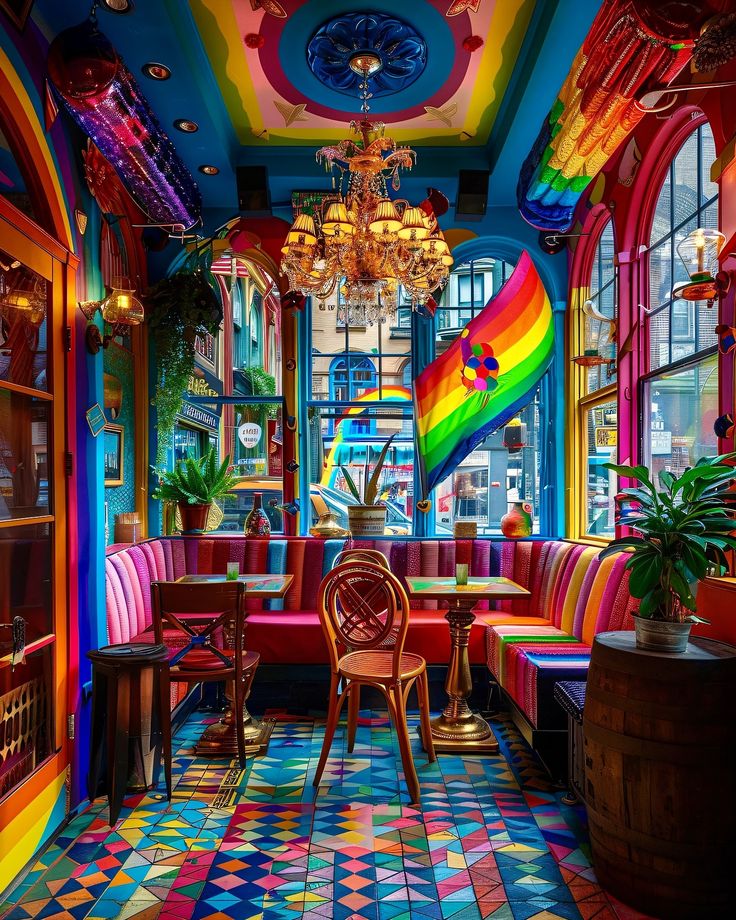 a brightly colored restaurant with lots of tables and chairs