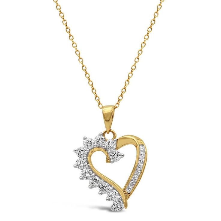 Beautiful heart-shaped design with 1 carat of round diamonds, prong and channel set in a special heart design. Metal: 14K Yellow Gold Gemstones: 1.00 Cts. Diamond Fine Jewelry Heart Necklace In Cubic Zirconia, Fine Jewelry Heart Necklace With Cubic Zirconia, Diamond Heart Charm Jewelry With Heart Cut, Diamond Jewelry With Heart Charm, Cubic Zirconia Heart Cut Diamond Necklace, Heart-shaped Cubic Zirconia Necklace With Prong Setting, Diamond White Double Heart Jewelry With Prong Setting, Anniversary Cubic Zirconia Heart Necklace With Round Cut, Anniversary Heart Necklace In Cubic Zirconia With Round Cut