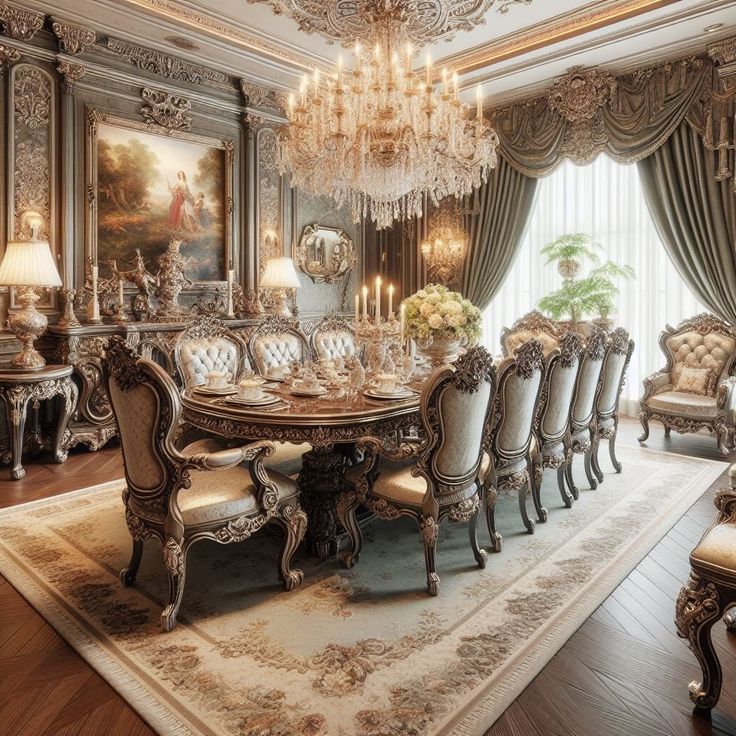 an elegant dining room with chandelier, chairs and table in the middle of the room