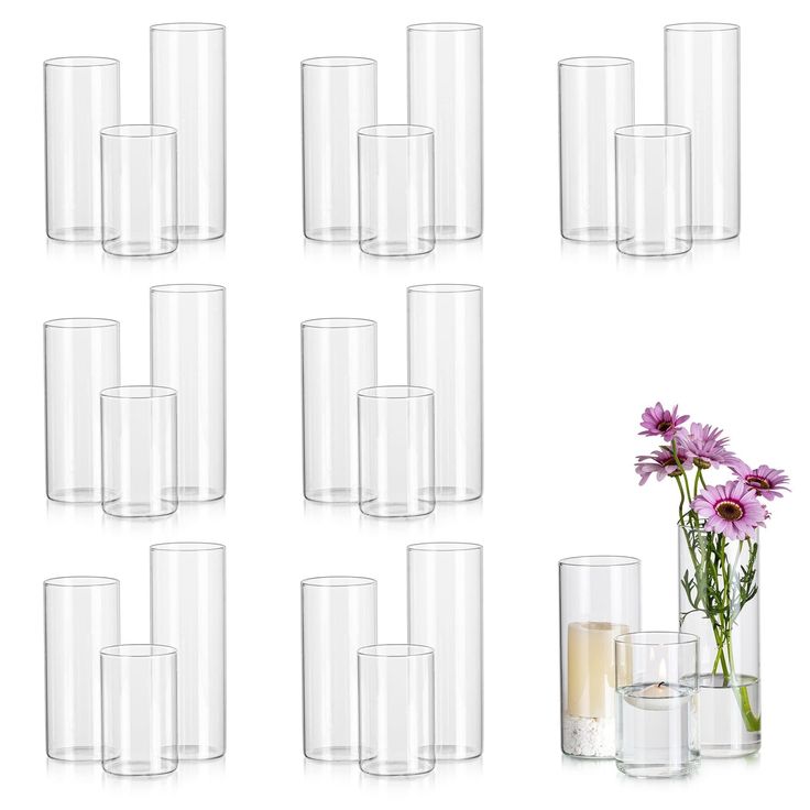 a bunch of vases with flowers in them on a white surface and one is filled with water