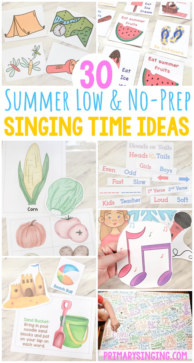 the words summer low and no prep singing time ideas are shown in this collage