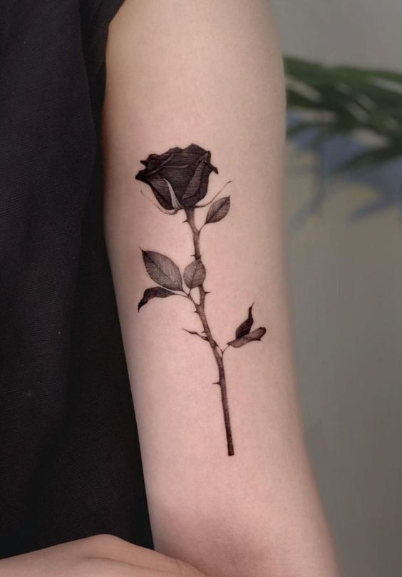 a black rose tattoo on the left arm