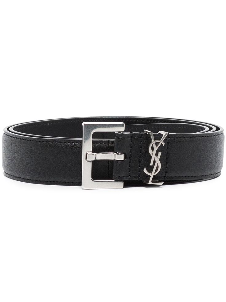 Black lambskin monogram leather belt from SAINT LAURENT featuring silver-tone hardware, signature YSL logo plaque, buckle fastening and adjustable fit. Ysl Logo, Monogrammed Leather, Belt Black, Black Belt, Belt Buckles, Leather Belt, Saint Laurent, Silver Tone, Buckle