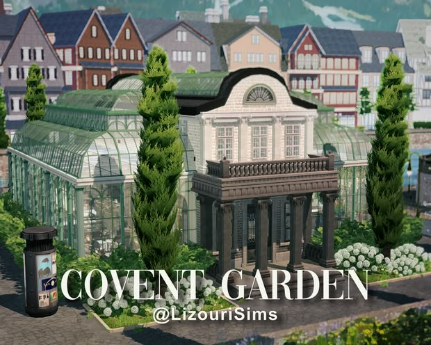 an animated image of a garden with trees and buildings in the background that reads covent garden @ lizourrisims