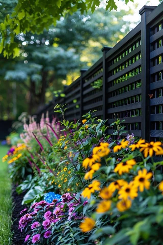 Fence Line Landscaping Ideas I Love Sharing! Corner Of Fence Ideas, Iron Fence Backyard Landscaping, Fenced In Flower Garden, Privacy Fence Plant Ideas, Backyard Fence Garden, Fence Line Flowers, Low Maintenance Fence Ideas, Planting Along A Fence Landscaping Ideas, Backyard Plant Ideas Along Fence