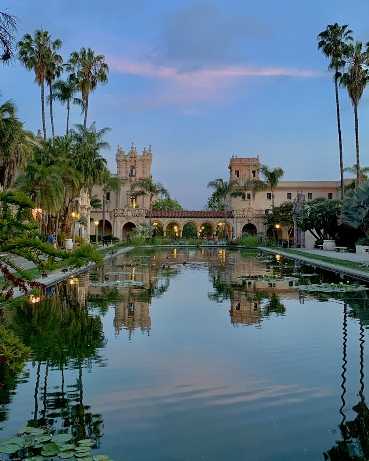 a pond surrounded by palm trees in front of a building