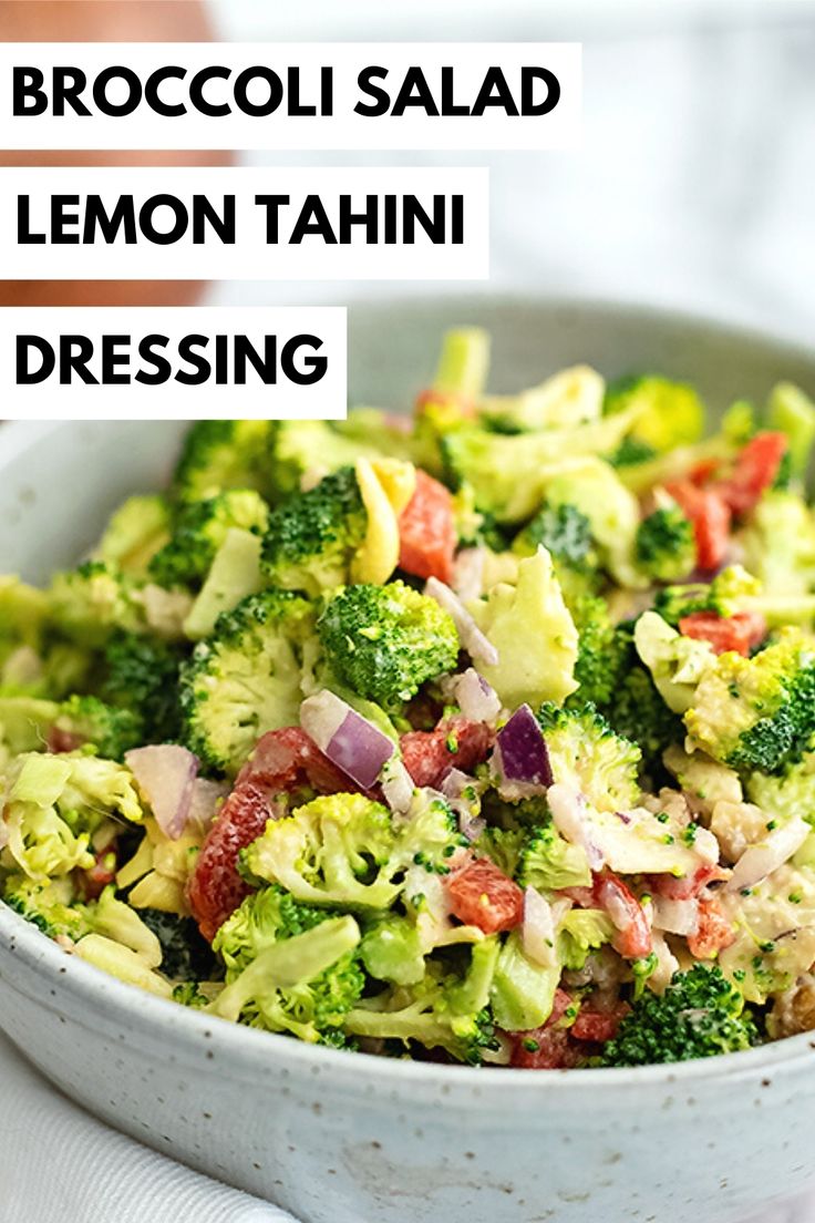 broccoli salad with lemon tahiti dressing in a white bowl on a table