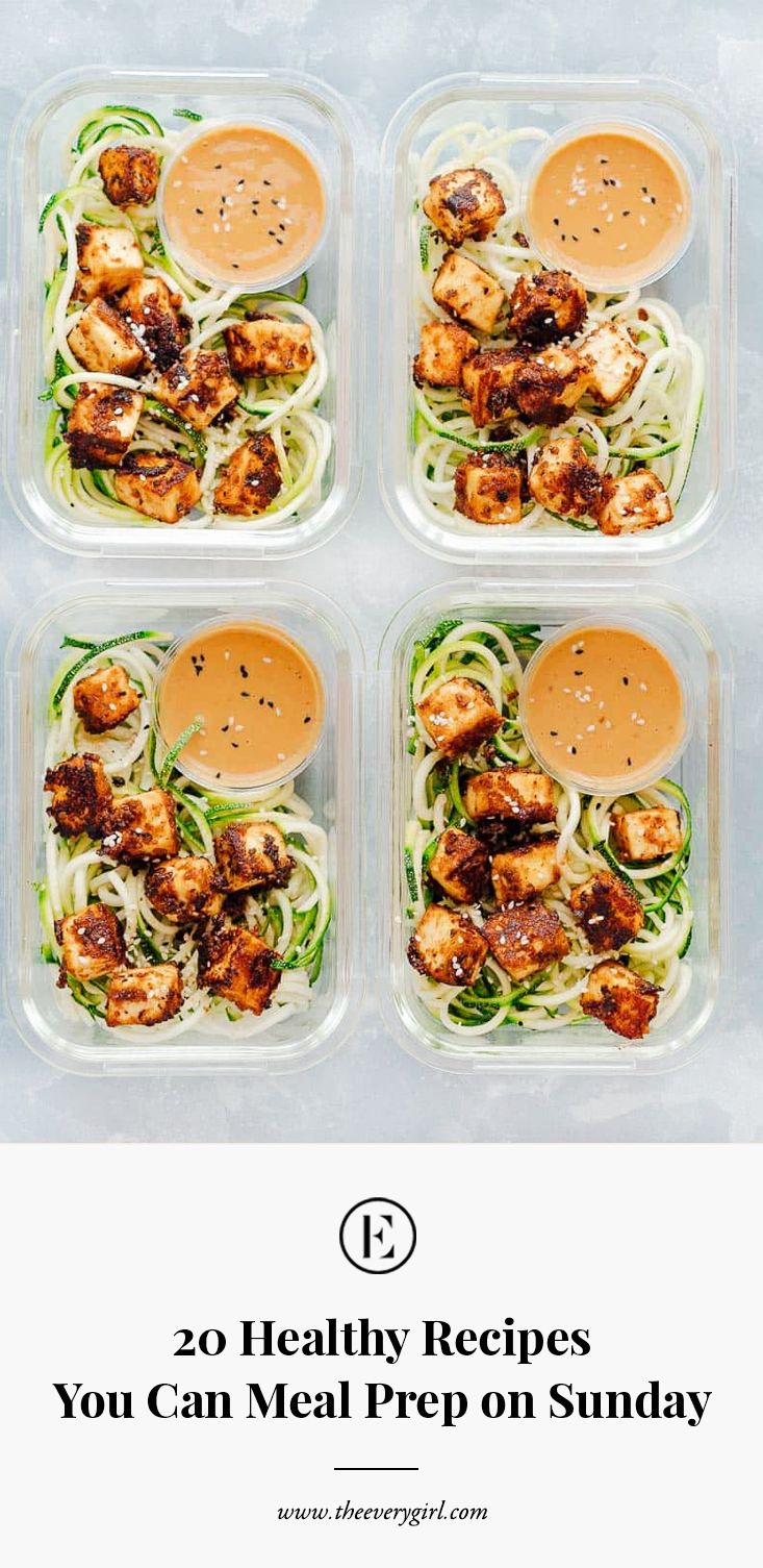 four plastic containers filled with food and the words 20 healthy recipes you can meal prep on sunday