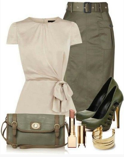 Military Outfit Idea for Spring 2014, ivory top, pencil dress and pumps (maybe I should keep my army green sky high booties?) Military Trends, Elegant Style Women, Beige Blouse, Traje Casual, Military Outfit, Business Outfit, Skirt Outfit, Green Skirt, Work Attire