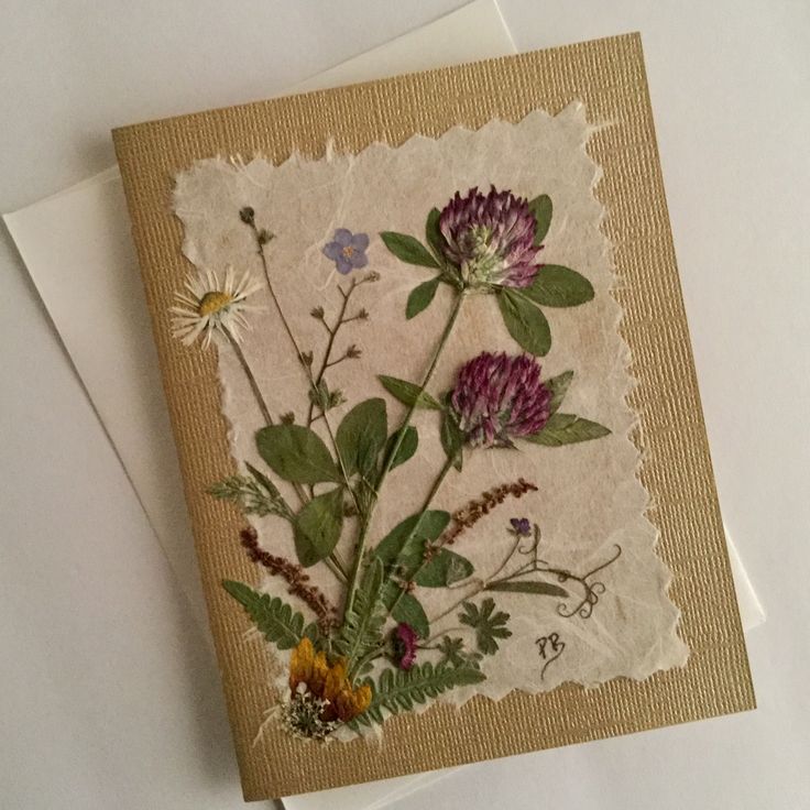 a greeting card with flowers and leaves on it's side, sitting on top of an envelope