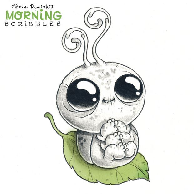 a drawing of an alien sitting on top of a green leaf with its eyes closed