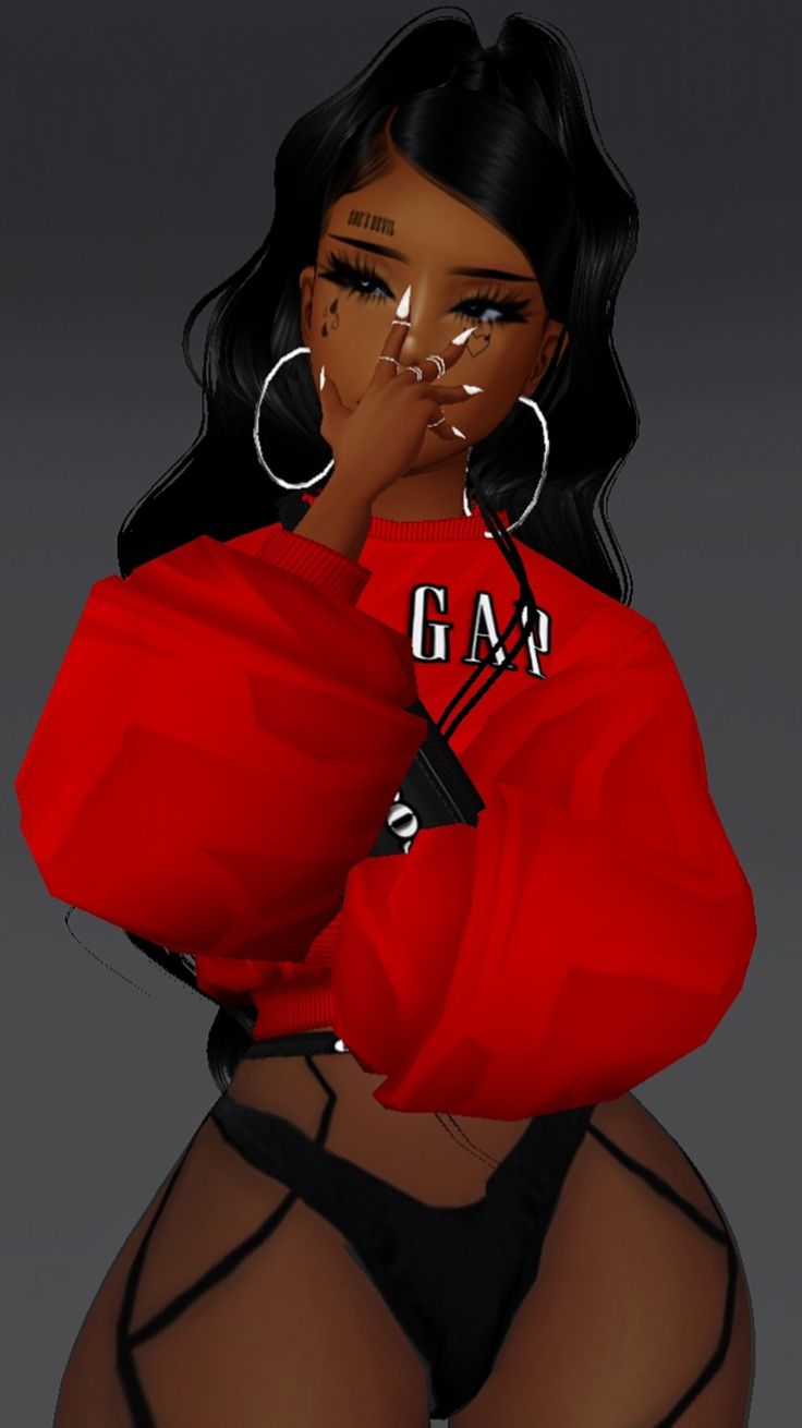 a woman in a red shirt and black panties with her hand on her face while wearing large hoop earrings