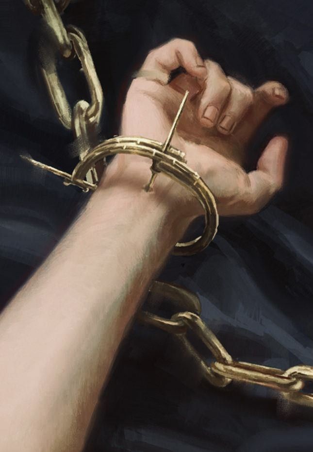 a painting of a person's arm wrapped in gold chains and holding onto a chain