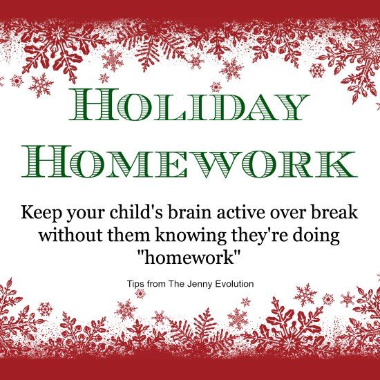 a red and white holiday card with snowflakes on it, says holiday homework keep your child's brain active over break