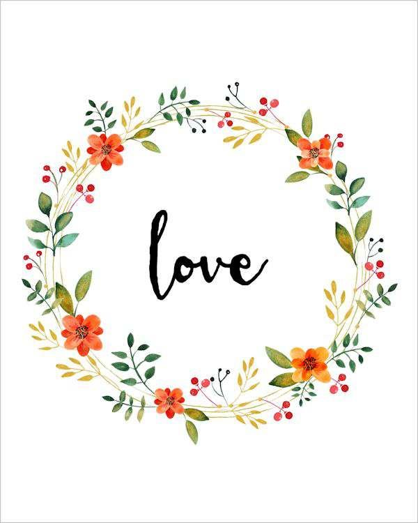 the word love is written in a floral wreath with leaves and berries around it on a white background