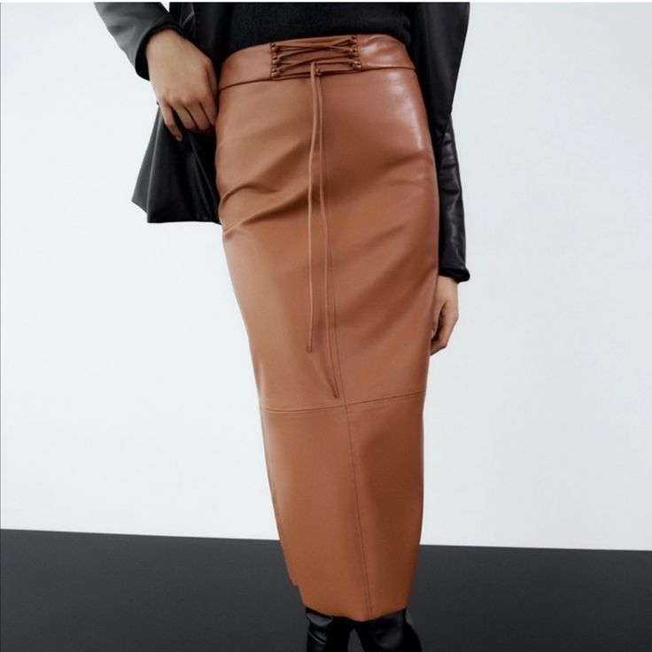 Zara Bnwt Faux Leather Skirt Sz Md Chic Faux Leather Midi Skirt, Spring Faux Leather Pencil Skirt, Winter Leather Midi Skirt, Brown Midi Skirt For Night Out, Brown Midi Skirt For A Night Out, Leather Lined Skirt For Winter, Chic Zara Midi Pencil Skirt, Chic Faux Leather Spring Skirt, Chic Spring Faux Leather Pencil Skirt