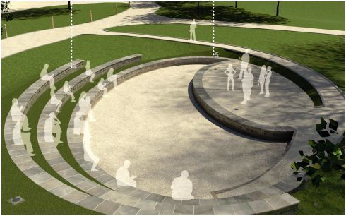 an artist's rendering of people walking around a circular area with steps and benches