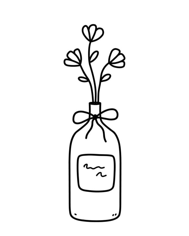 a bottle with flowers in it and a bow on the top is drawn by hand