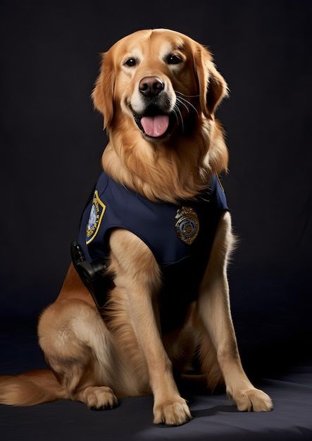 a golden retriever dog wearing a police vest and sitting in front of a black background