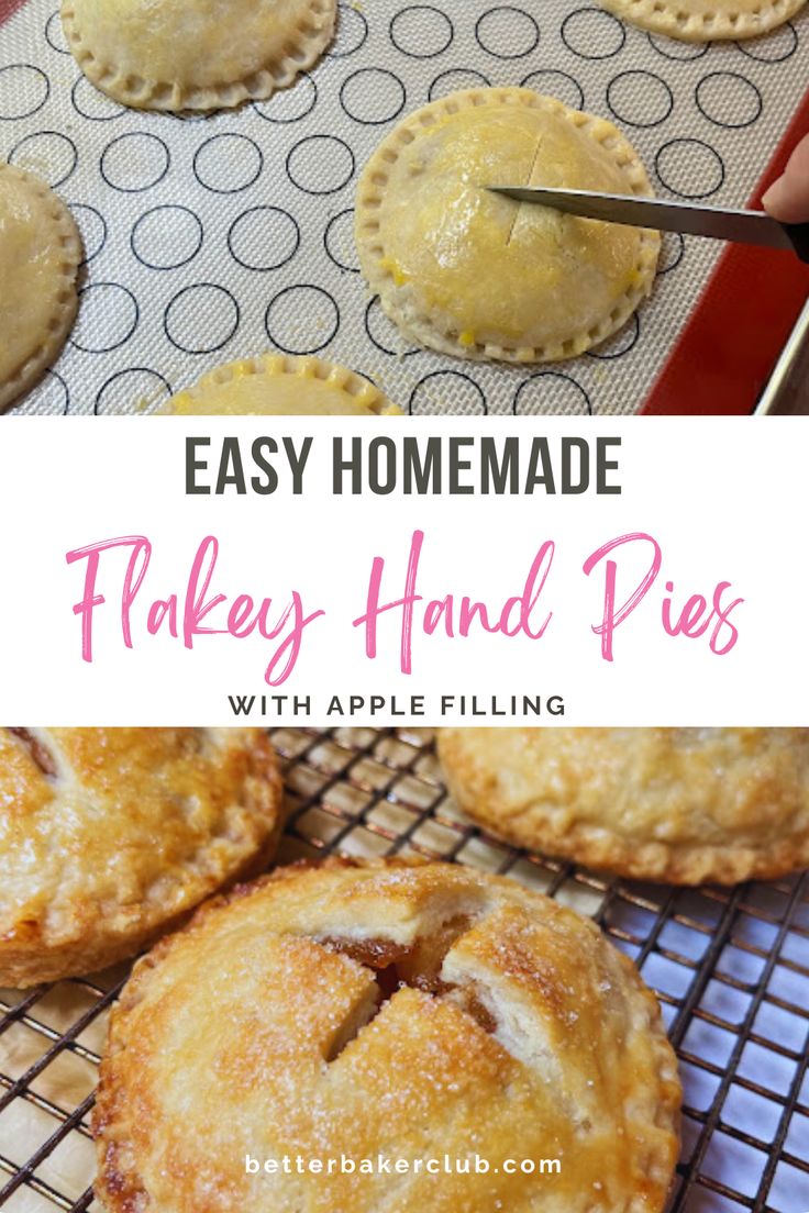 homemade flaky hand pies with apple filling on a cooling rack and in the background